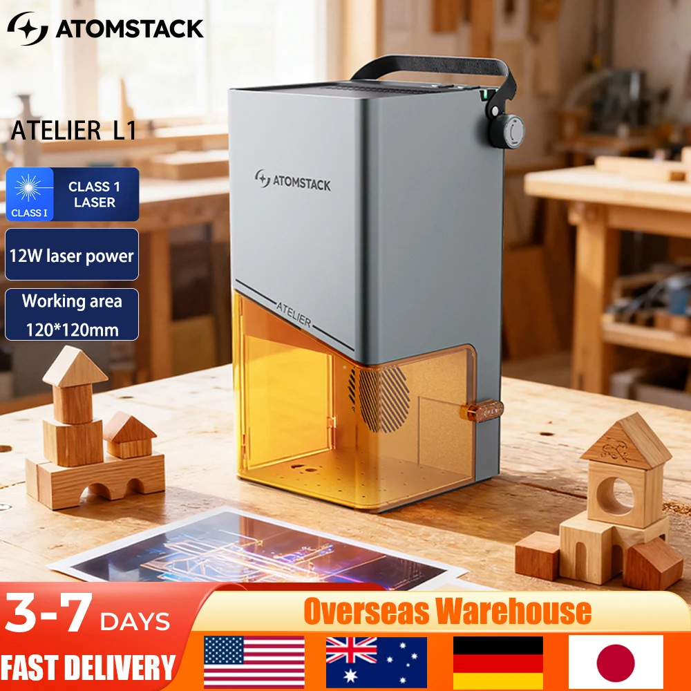 AtomStack Atelier L1 draagbare 10W diodelaser blauw lichtmarkeermachine klasse 1 120 * 120 mm voor hout leer stof metaal acryl