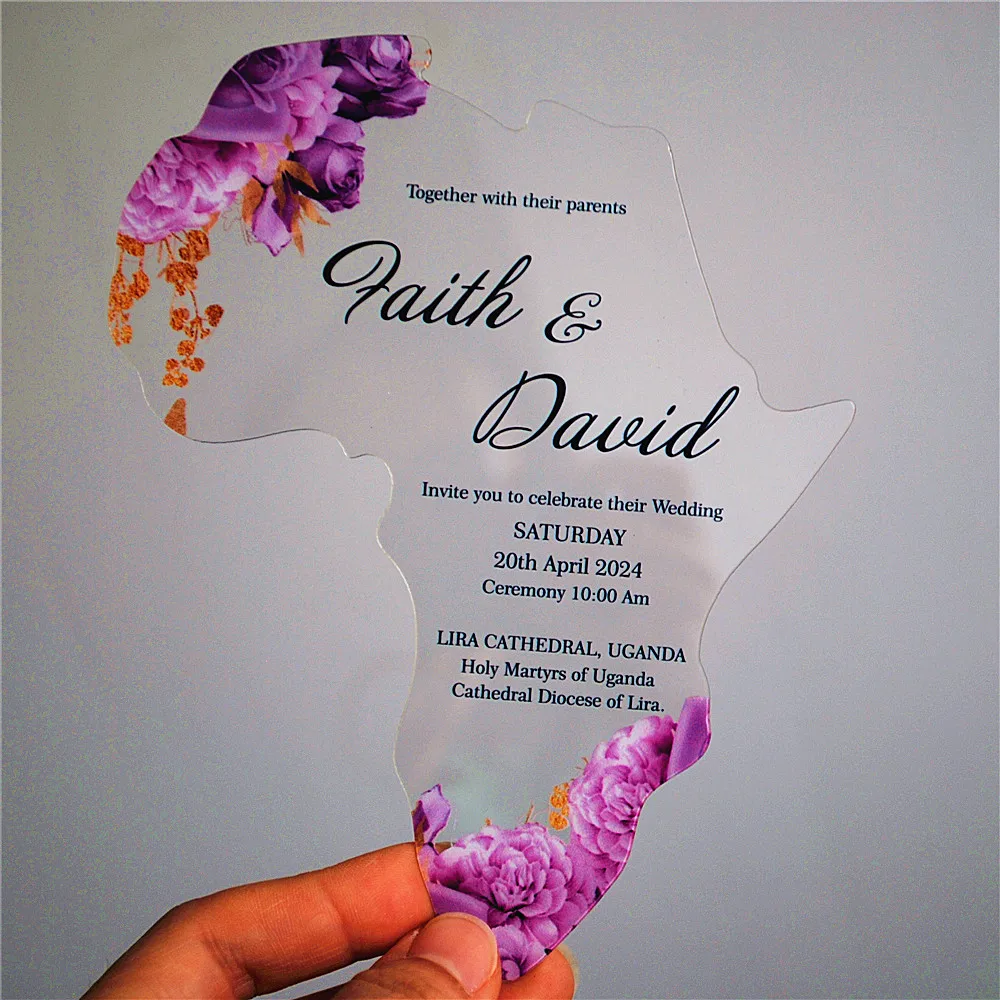 Transparent PVC Wedding Invitation Card, Personalized Printed, Africa Shape, Custom, 10Pcs