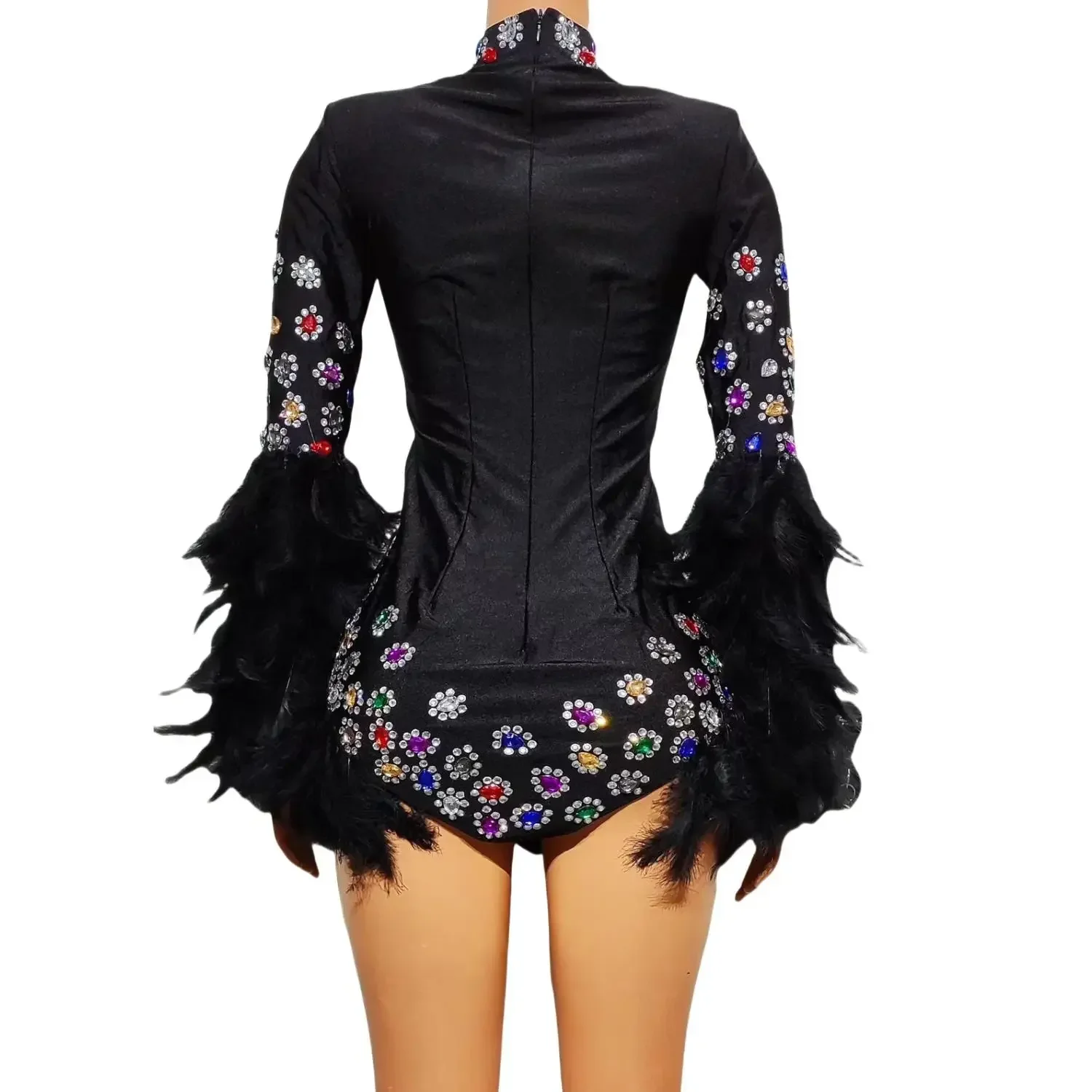 سويهوا-جمبسوت مثير بقصة ضيقة من الريش الزهري الكريستالي ، مضيف الحفلة ، ثياب بار للملهى الليلي ، ملابس رقص الأداء ، أسود ،