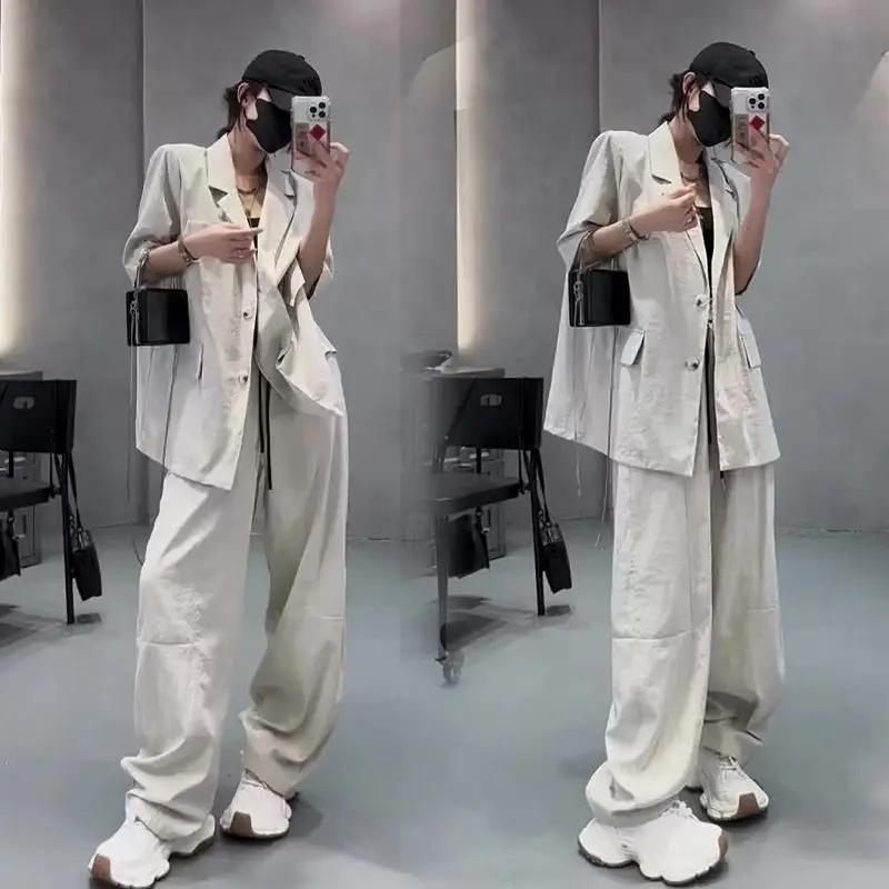 Lnsozkdg 2024 Spring/Summer Thin Loose Short Sleeved Top + Casual Wide Legged Pants Age Reducing Elegant Women's Two Piece Set