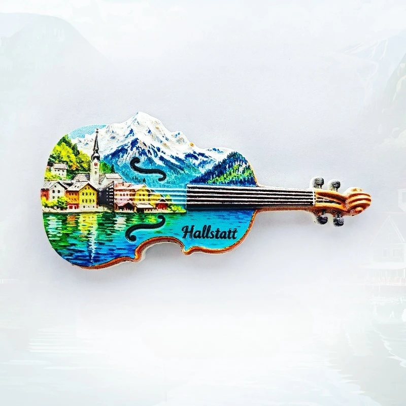 Aimant de réfrigérateur Hallstatt Autriche - Souvenir 3D emblématique Lac et Violon, Cadeau unique du village alpin pour les amateurs de voyage et de musique, Décoration