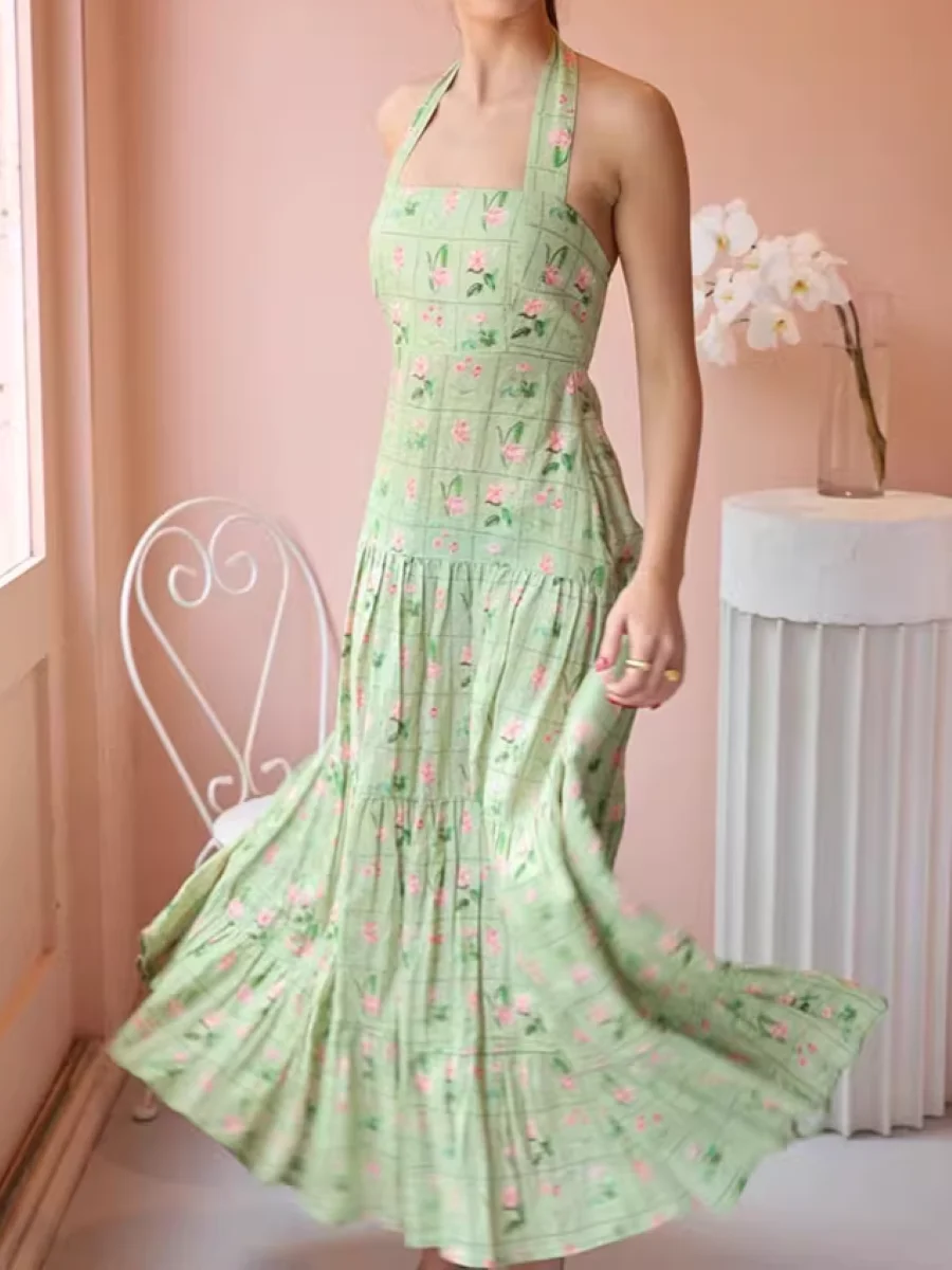 

2025 New Women 100% Linen Green Robe Plaid Flower Print Halter Neck High Waist Holiday Female Long Dress