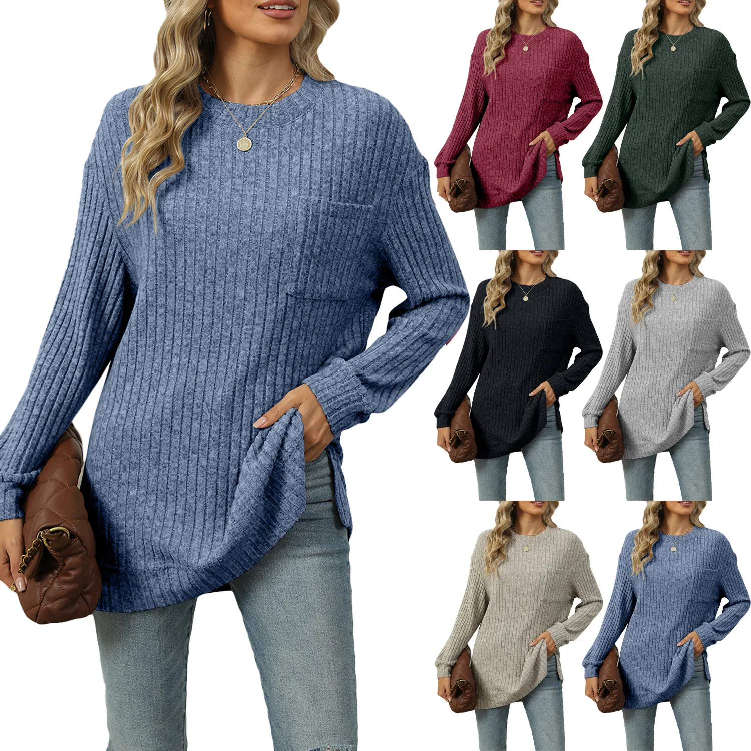 

2025 Ribbed Long Sleeve Tee Women's Solid Split Hem T-Shirt Retro Casual Top Fall Winter Basic Sweater Pullover Tops Blue Tops