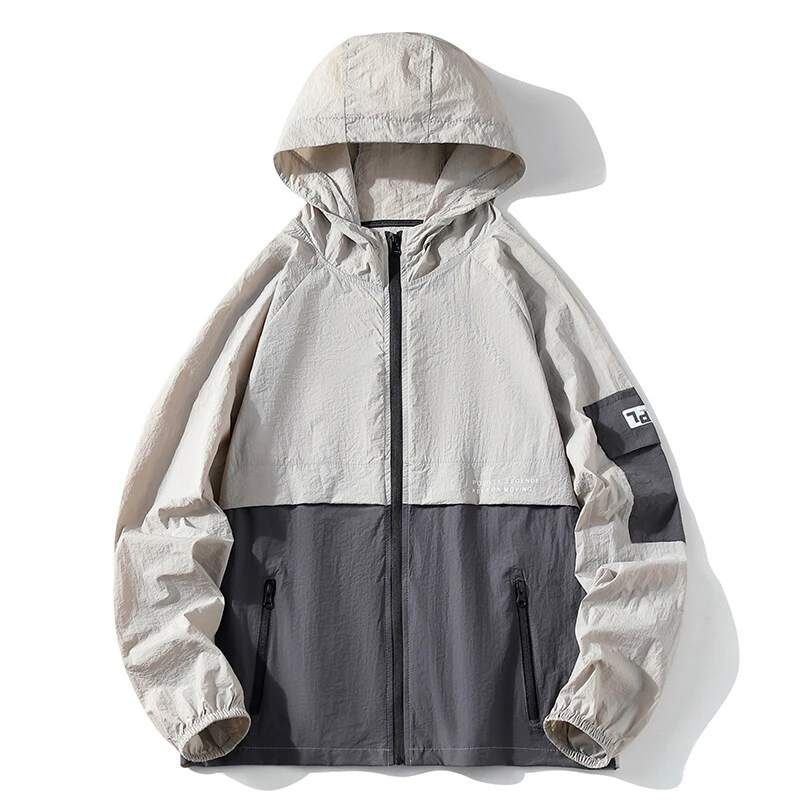 Summer Lightweight Hooded Sun Protection Jacket Neutral Outdoor Sports Fishing Hunting, Quick Drying Color Blocked Windbreaker