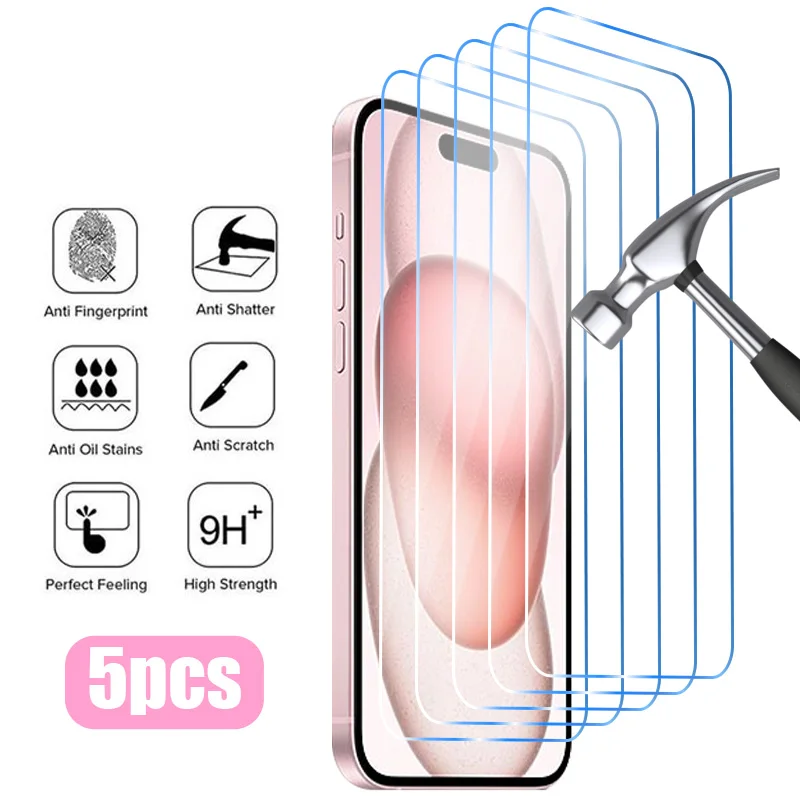 5PCS Protective Glass for iPhone 16 15 14 13 12 11 Pro Max Mini Plus Screen Protector for iPhone X XR XS SE 2020 2022 7 8 6 6S