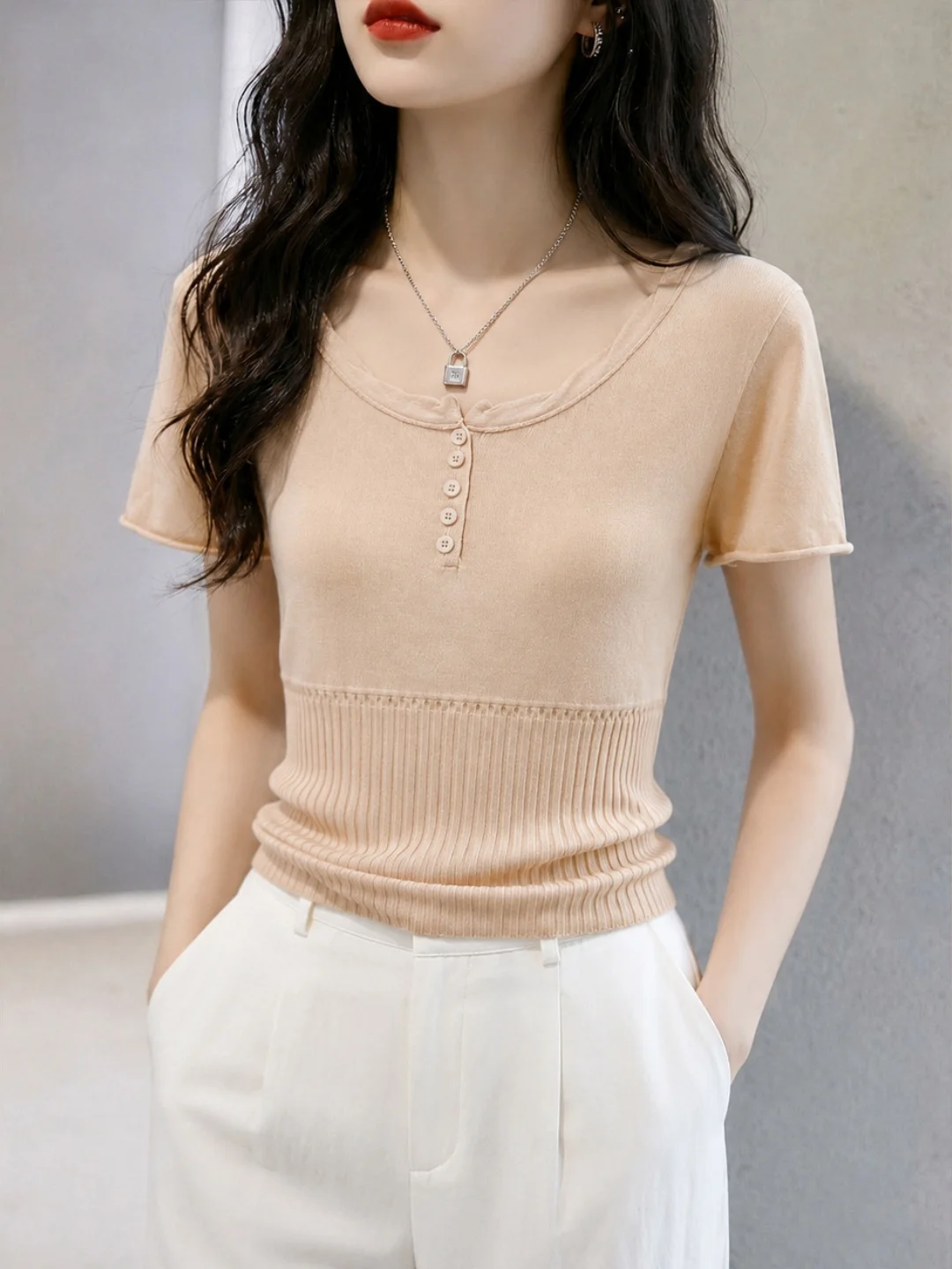 

Slimming Ice Silk Knitted Short Sleeve Sweater Pure Color Versatile Summer Design Korean Style Commute Straight Cut Basic Top