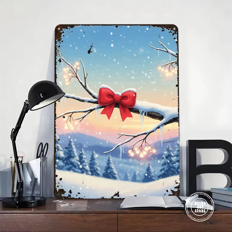 Paisagem de inverno com arco vermelho cartaz de metal sinais de lata itens de decoração de casa de luxo sinal de metal personalizado para decoração de arte de parede retro