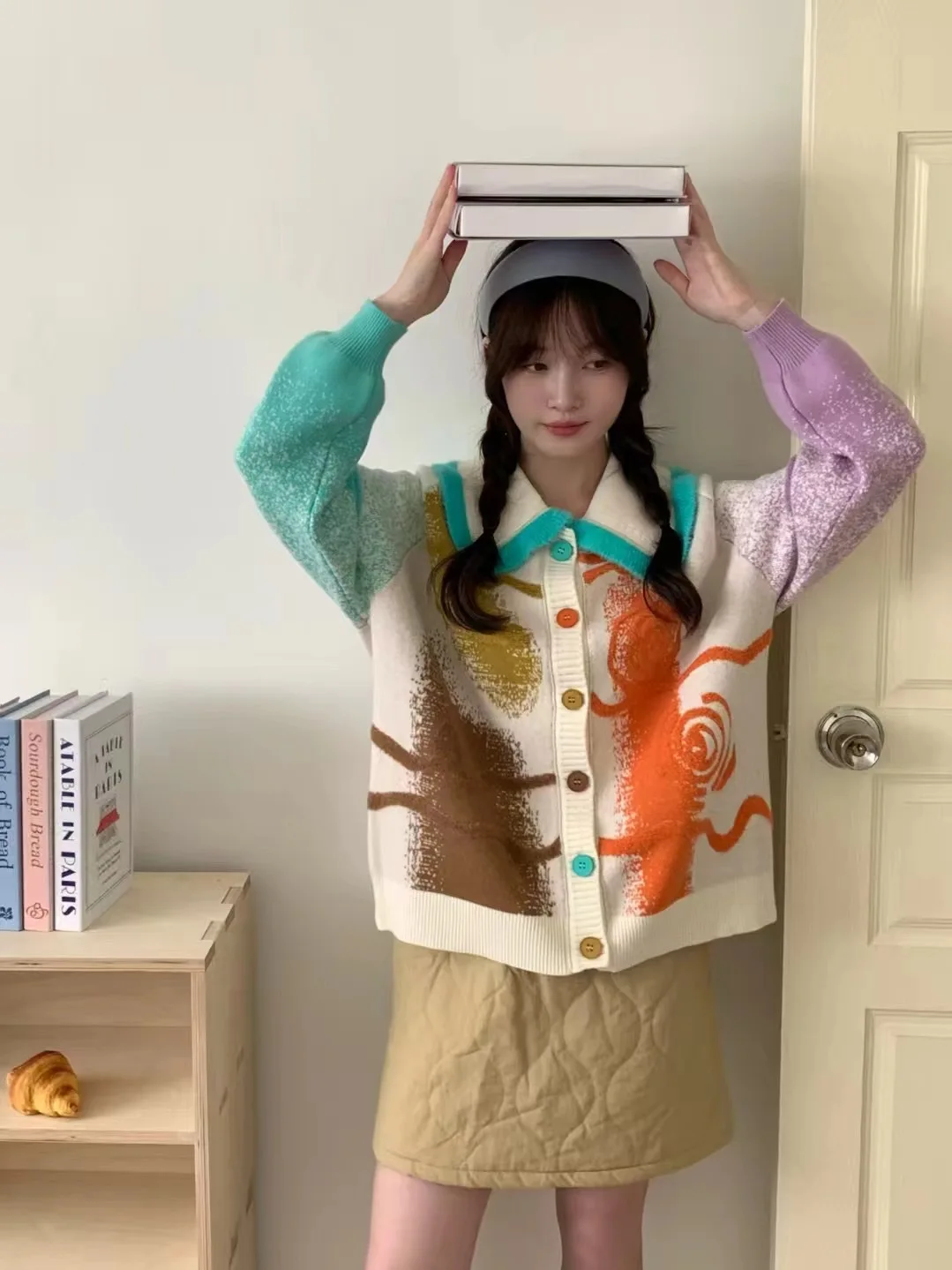 2025 Spring and Autumn New Women's Sweet Style Colorful Knitted Cardigan Loose Turn-Down Collar Casual Daily Sweater Top