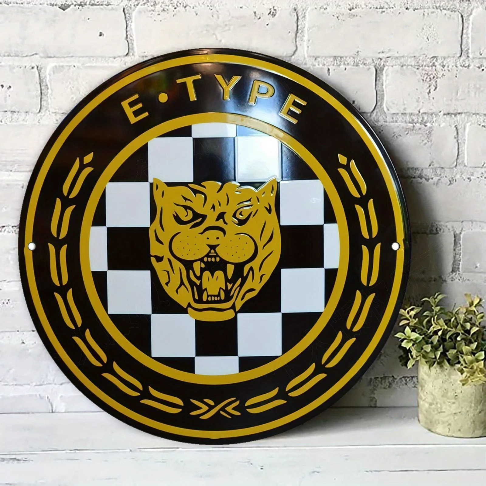 E-Type Panther Checkered Racing Emblem - Vintage Durable Metal Plaque Wall Decor, Home Office Bar Man Cave Wall Art