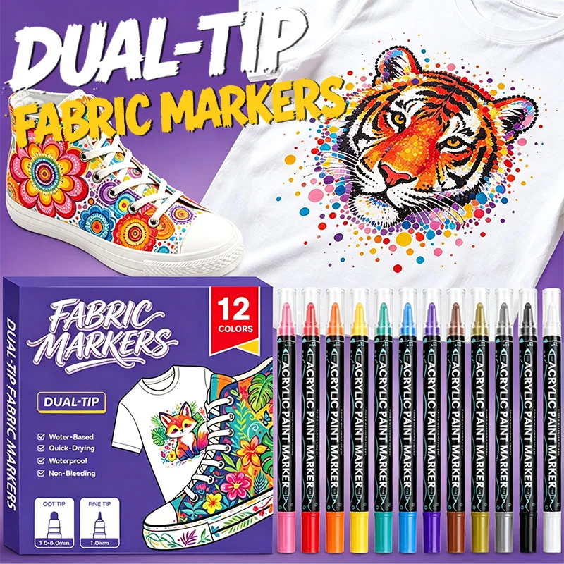 12 Colors Dual Tip Fabric Marker Set, Ideal for Hand-Painting on T-shirts, Canvas Shoes & Canvas Bags, Dot Tip for Dot Painting,