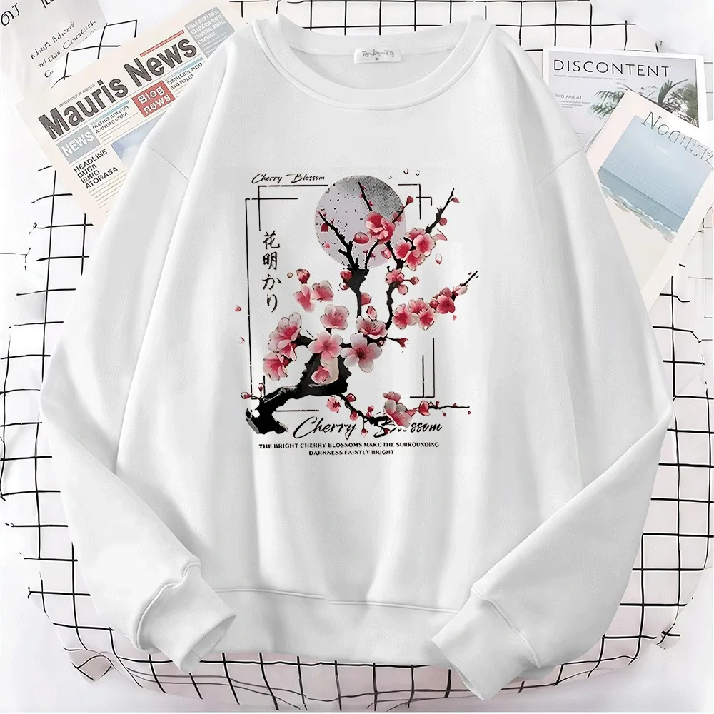 2026 frauen Hoodies Herbst Kirschblüten und Mond Gedruckt Muster Pullover Weiche Neue Hoodie Mode Sweatshirts Streetwear