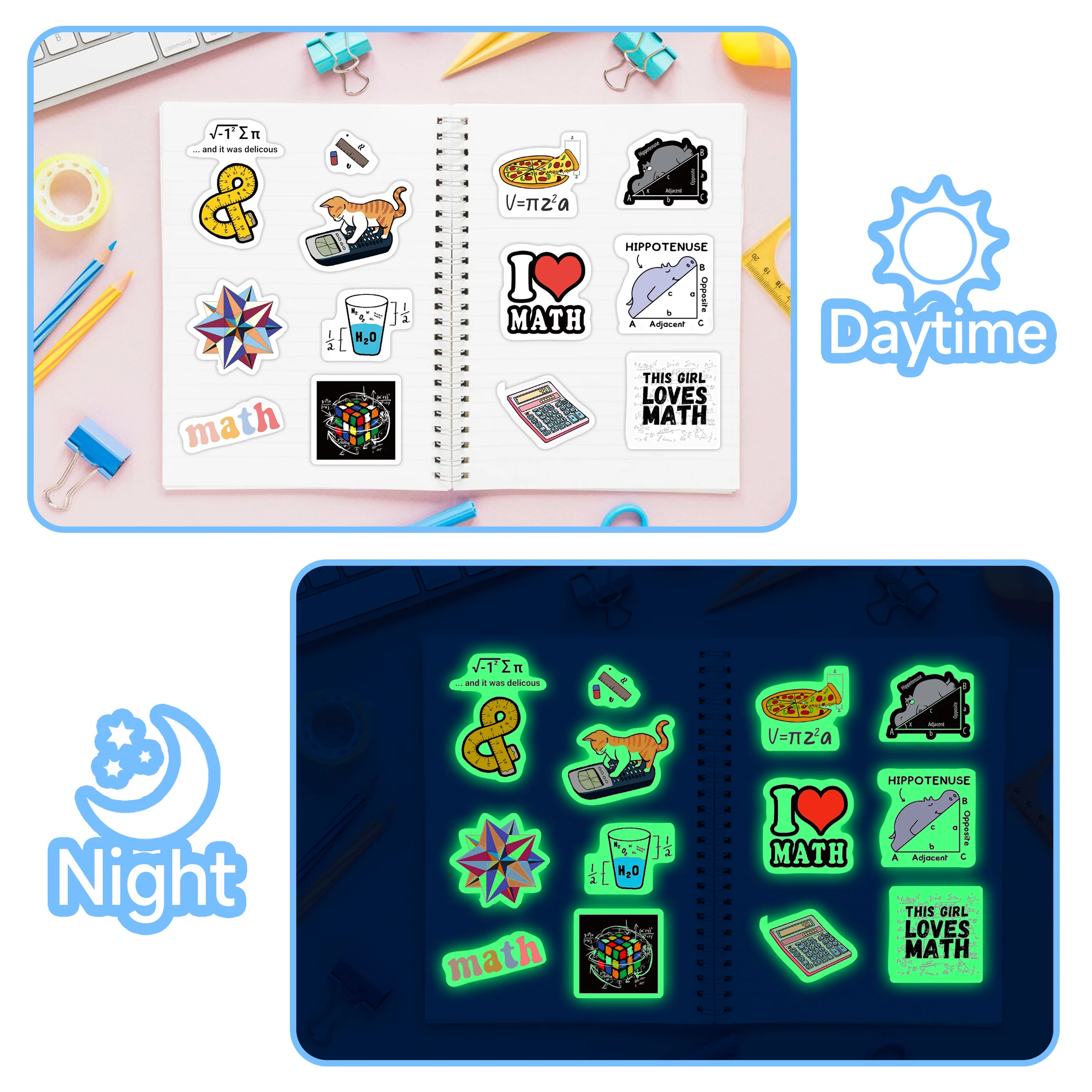 50pcs Glow-In-The-Dark Fun Maths Culture Doodle Stickers Standalone Self Adhesive Mug Notebook Stickers For Kids Diy Toys