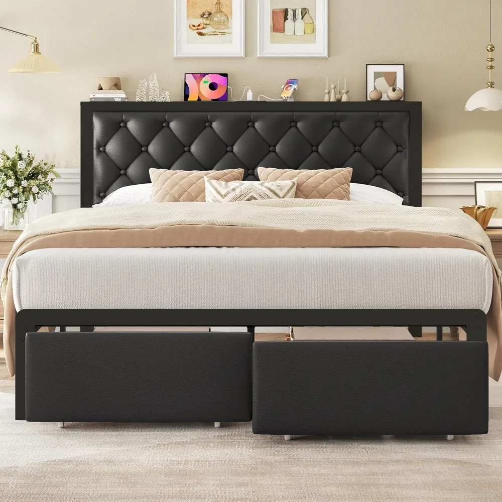 

Queen Bed Frame with 2 Storage Drawers, Upholstered Headboard Button Tufted Bed Frame with Charging Station, No Box Spring Neede