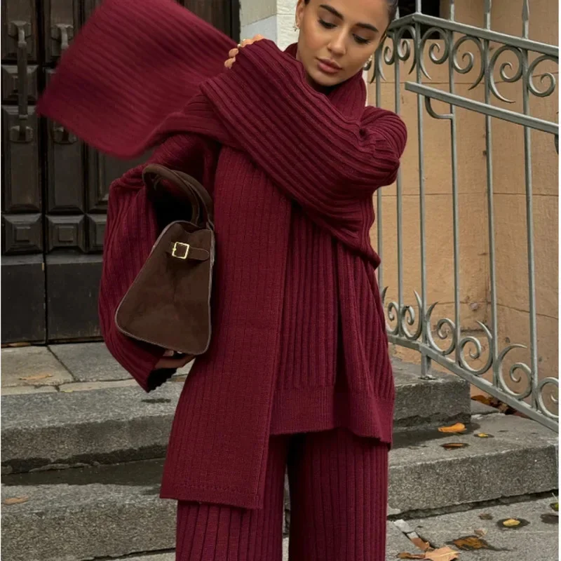 Elegant Burgundy Long Sleeve Sweater Pants Set Woman Winter Fashion Knitted Scarf Pullover Trousers Suits Lady Warm Streetwear