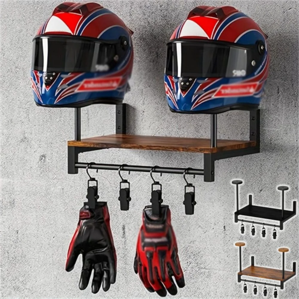 

Wall Mount Motorcycle Helmet Rack With Hooks Sturdy Helmet Display Stand Retro Wooden Shelf Cycling Equipment Holder