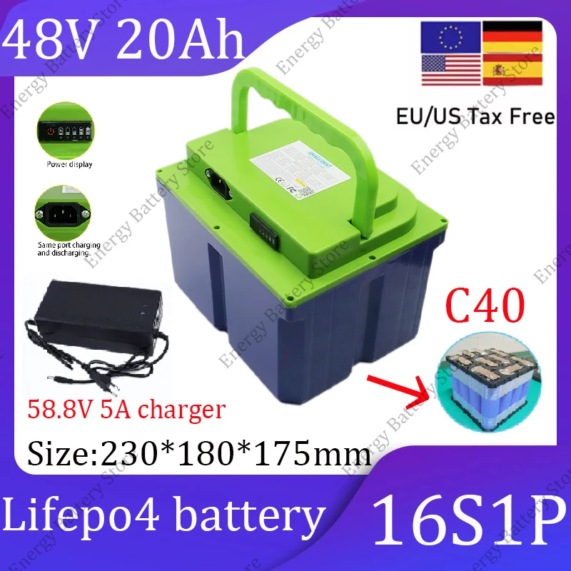 

48V 20Ah C40 Lifepo4 battery pack 16S1P, built-in 30A1500W BMS LED, suitable for DIY RV travel camping portable battery+charger