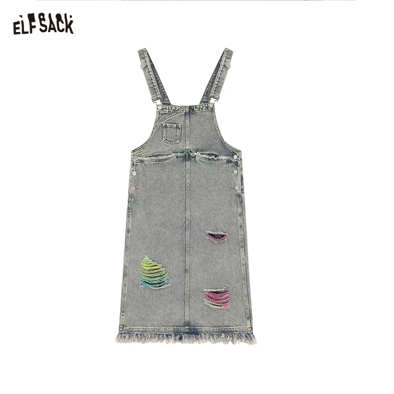 ELFSACK Colorful distressed denim camisole dress for women in spring 2024, new loose fit, small stature, and age reducing skirt