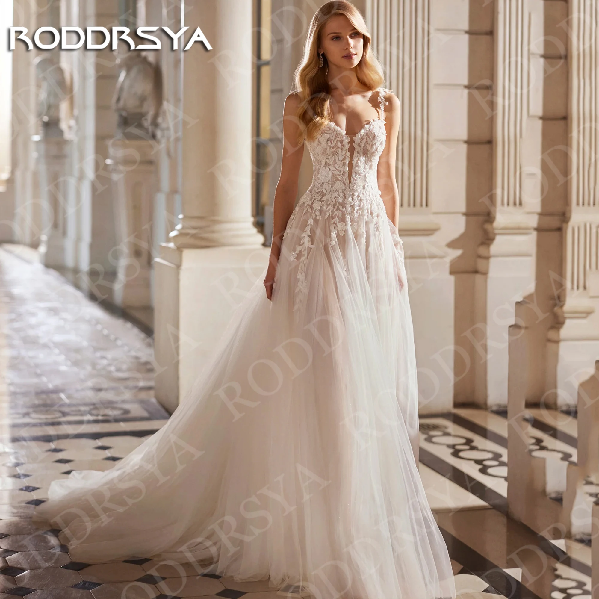 

RODDRSYA Wedding Dresses Tulle Sweetheart Woman Boho Spaghetti Straps Lace Applique A Line Bridal Dress Customized robe mariée