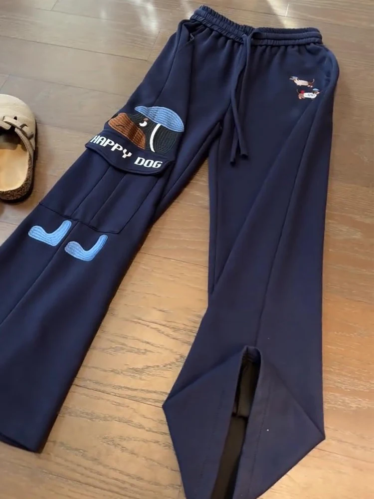 

Loose Fit Dog Embroidery Wide Leg Sweatpants in Royal Blue for Men Casual High Street Workwear Autumn Spor Leisure Trousers