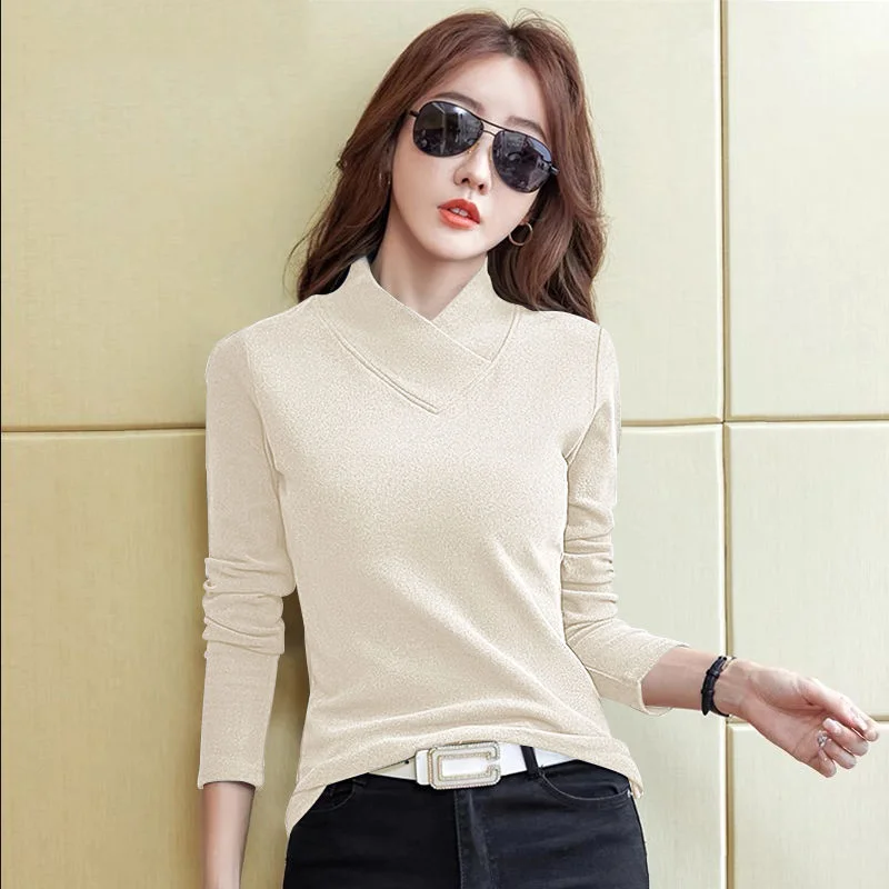 2023 Autumn/Winter New Half High Collar Solid Underlay Shirt Wild Popularity Slim Fit V-Neck Long Sleeve Comfortable T-shirt