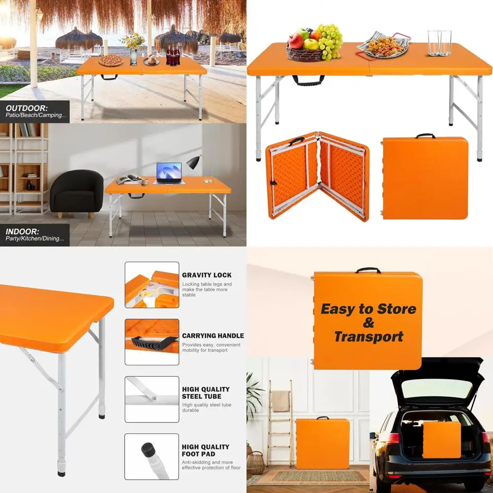 

Folding Plastic Picnic Table - Heavy Duty, 4ft to 8ft, White/Black, Suitable for Camping, Parties, Kitchen Use Indoor/Outdoor