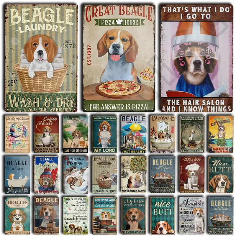 Funny Beagle Dog Metal Tin Sign Plate Retro Art for Bathroom Kitchen Restaurant Dessert Shop Pet Shop Farmhouse Home Room Decor