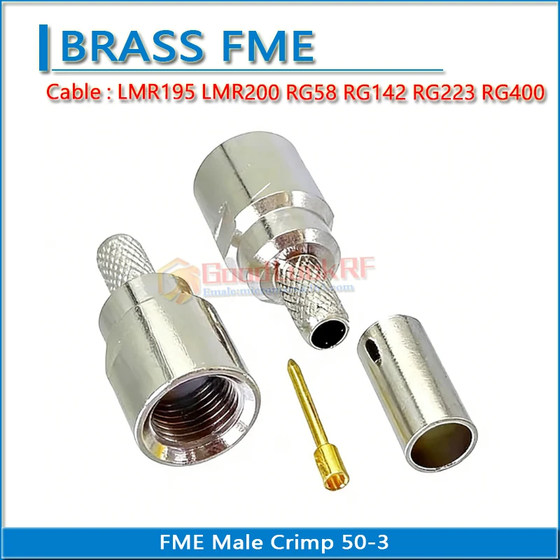 FME Male Crimp for LMR195 LMR200 RG58 RG142 RG223 RG400 50-3 Coaxial Silver Copper 50 ohm RF Connector Adapter