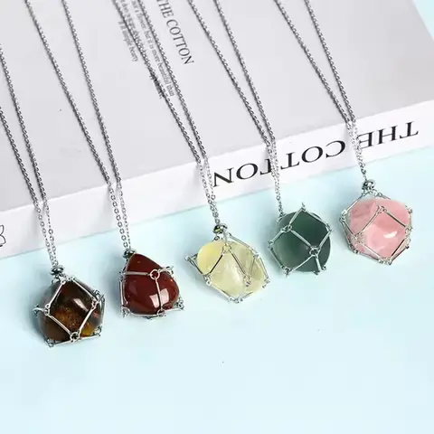 Stainless Steel Net Crystal Pendant Winding Necklace Natural Stone Rose Quartz Citrine Amethyst Gemstone Necklace Jewelry