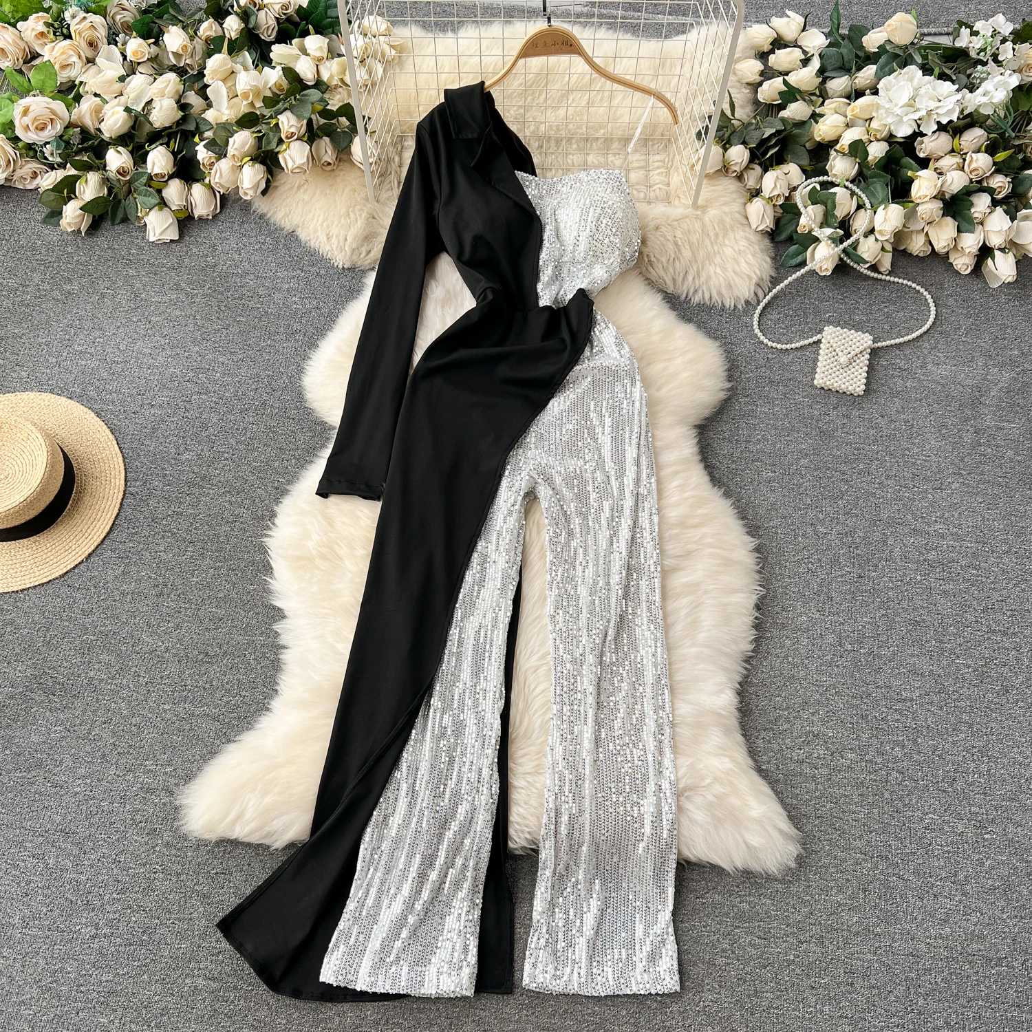 Elegant Wommen Off Shoulder Jumpsuits Light Luxury Single Shoulder Long Sleeve Sequins Splicing Trousers Sexy Female Jumpsuits