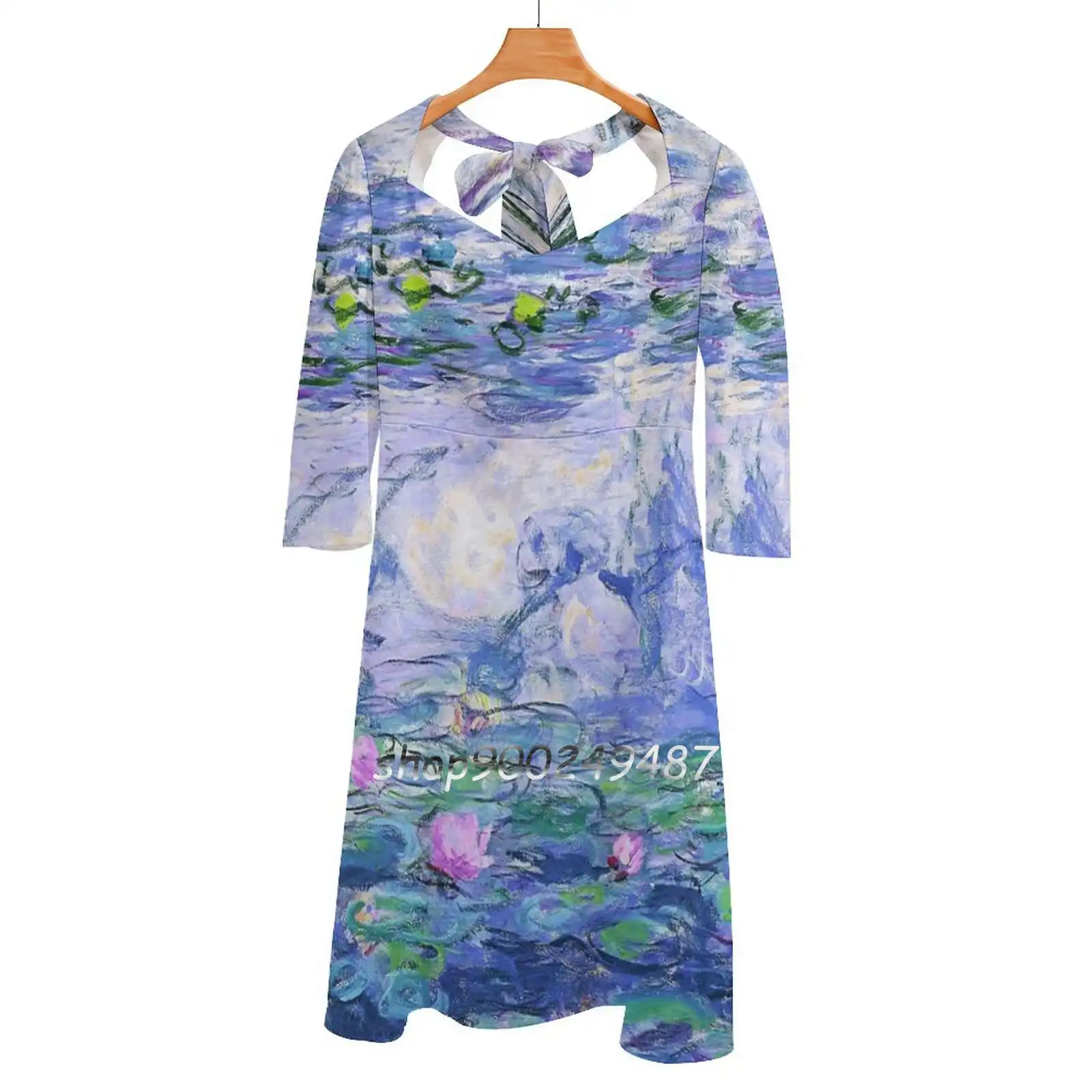 

Claude Water Lilies Square Neck Dress New Plus Size Elegant Women Waist Tight Dress Claude Beautiful Painting Lovely Water