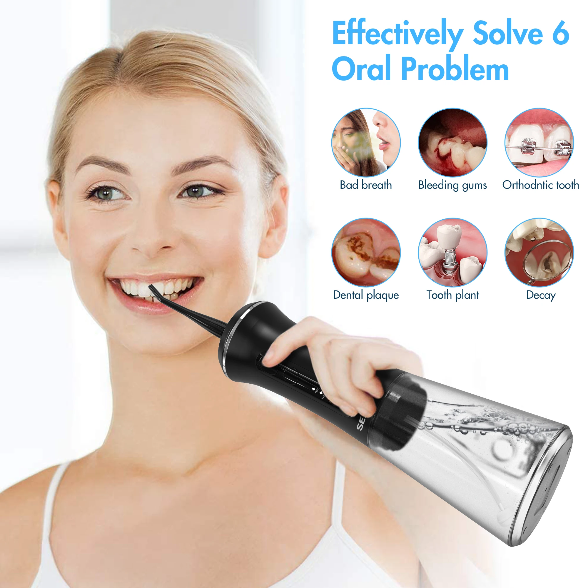 Sejoy-irrigador de agua Dental portátil, limpiador de dientes recargable por USB, 5 modos, higiene bucal, 350ml