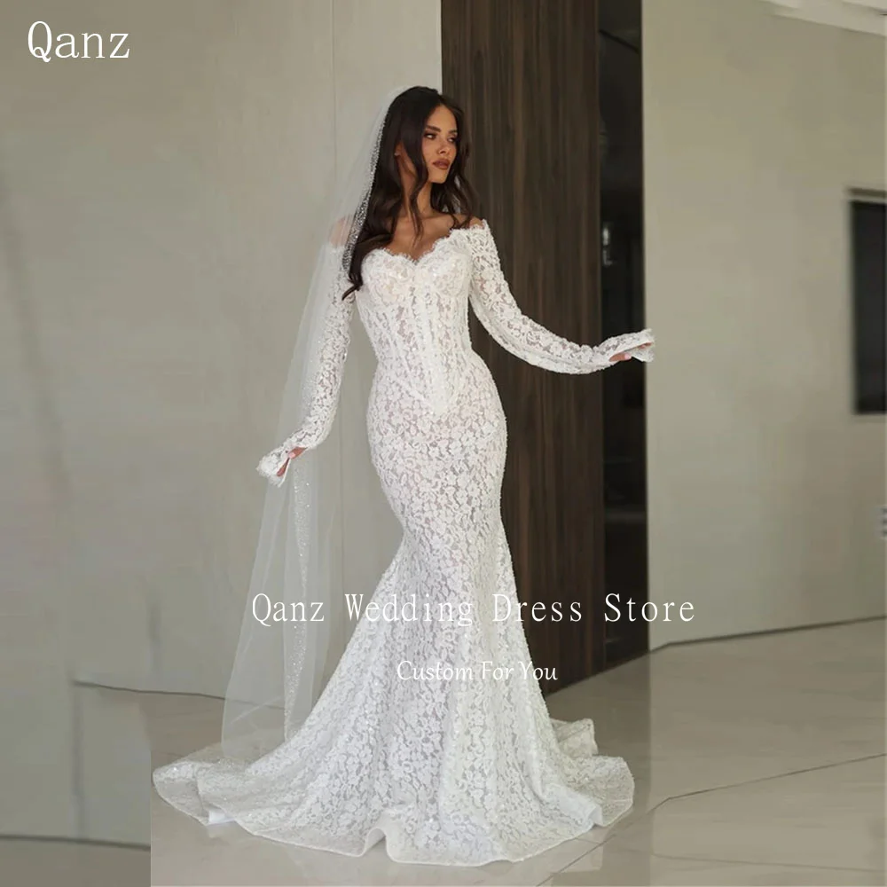 Qanz エレガントなレースのウェディングドレス女性マーメイド恋人ローブデマリエ長袖スパンコール付き Vestidos De Novia カスタマイズ