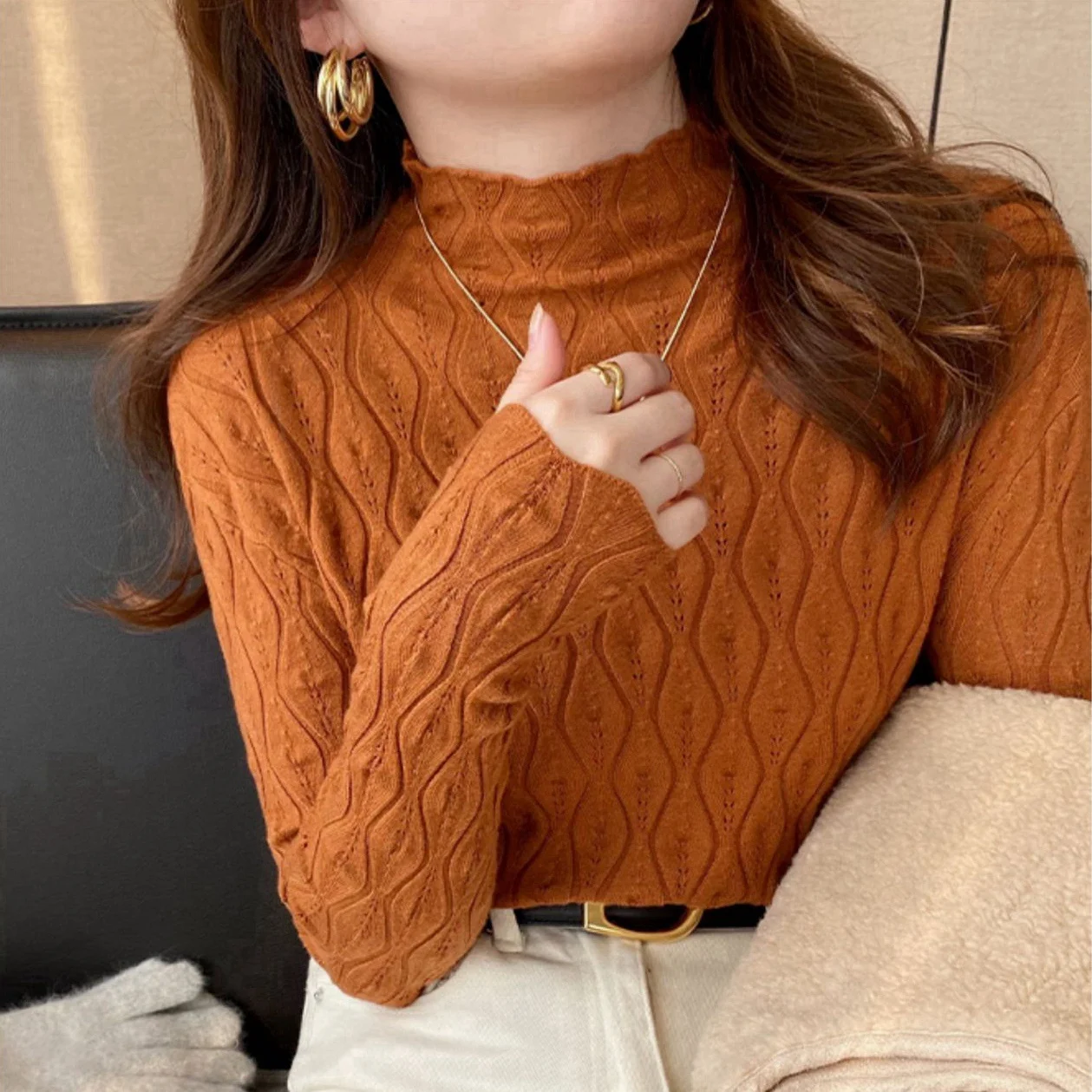 Gestrickte Pullover Frauen Pullover Neue Langarm Mock Neck Schwarz Stricken Pullover Pullover Frauen Tops Pullover Sueters De Mujer Q794