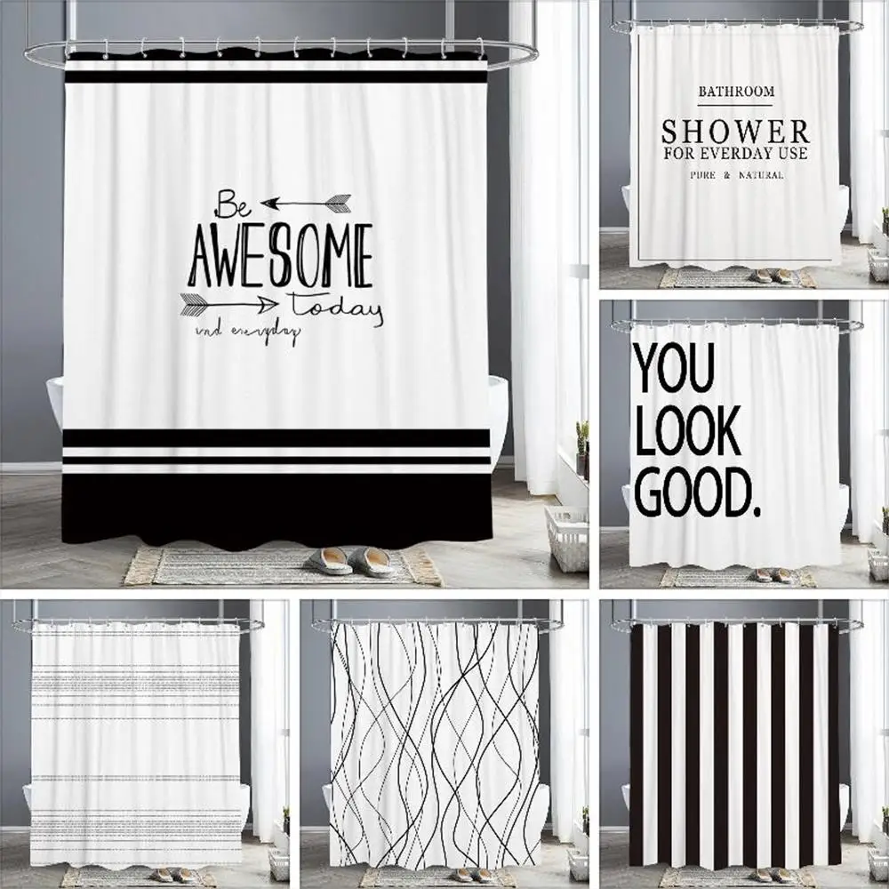 

Abstract Geometric Lines Shower Curtain Letter Print Black White Shower Curtain Simple Scandinavian Bath Curtains Bathroom Decor
