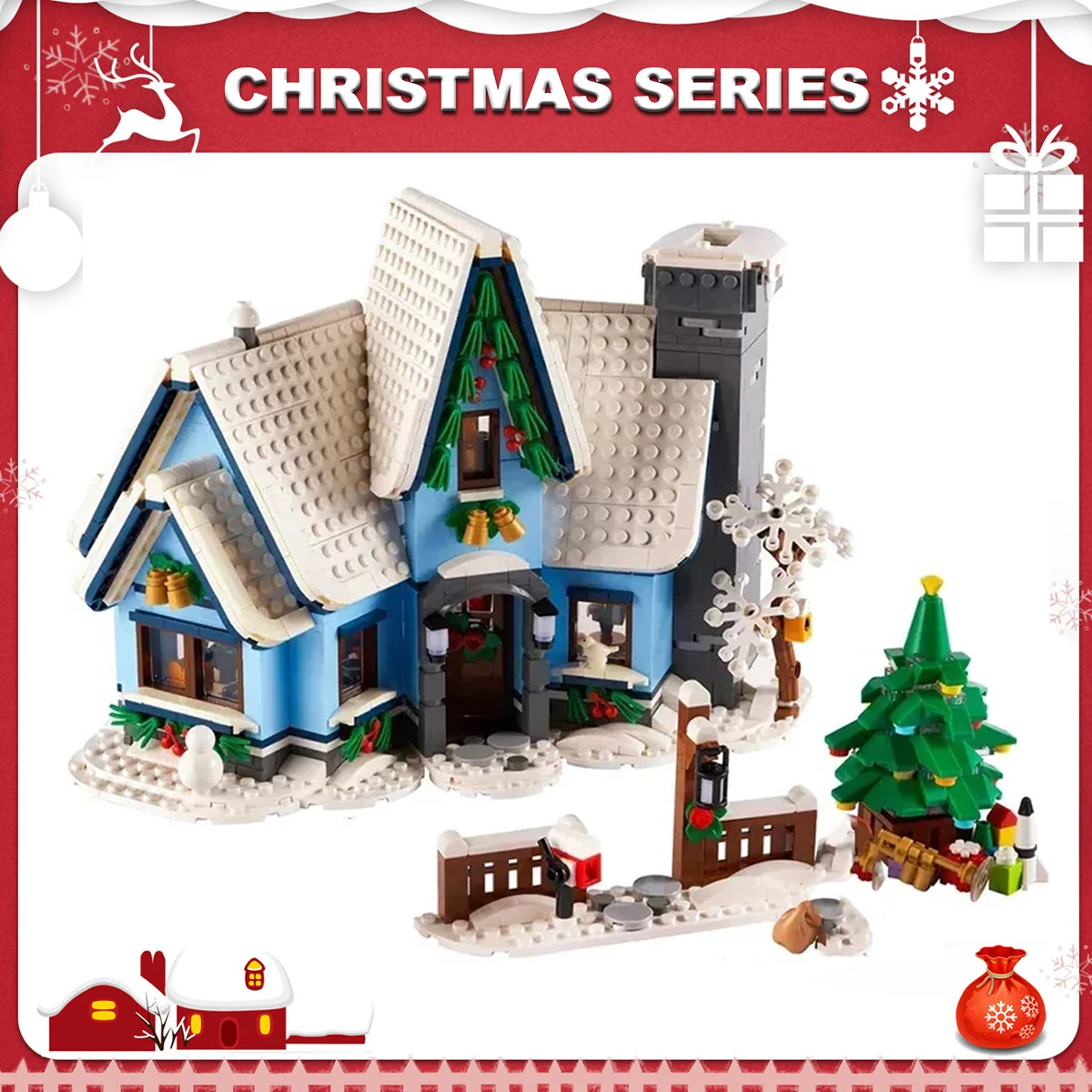 

Креативные 1445 шт., зимняя деревня, посещение Санты, строительные блоки, город, вид на улицу, сборные кирпичи, игрушки, подарок для детей