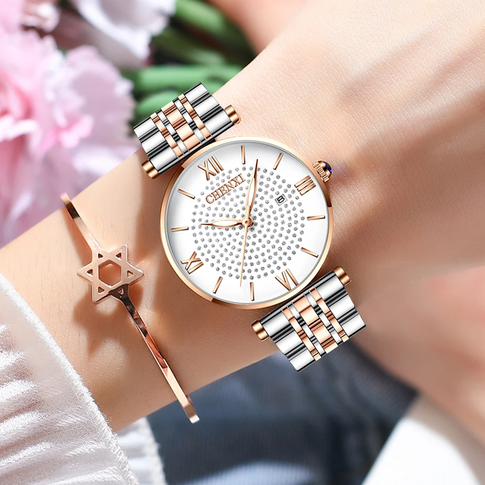 CHENXI Ladies Luxury Stainless Steel Dress Watch Luminous Waterproof Week Date Quartz Wristwatch Elegant Formal Occasion Gift