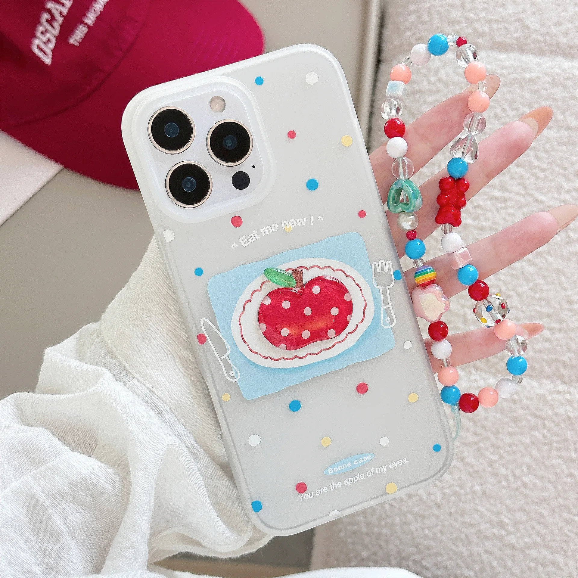Korean Colorful Polka Dots 3D Cartoon Red Apple With Chain Phone Case for iPhone 17 16 15 14 13 12 Pro Max Shockproof Soft Cover view 5