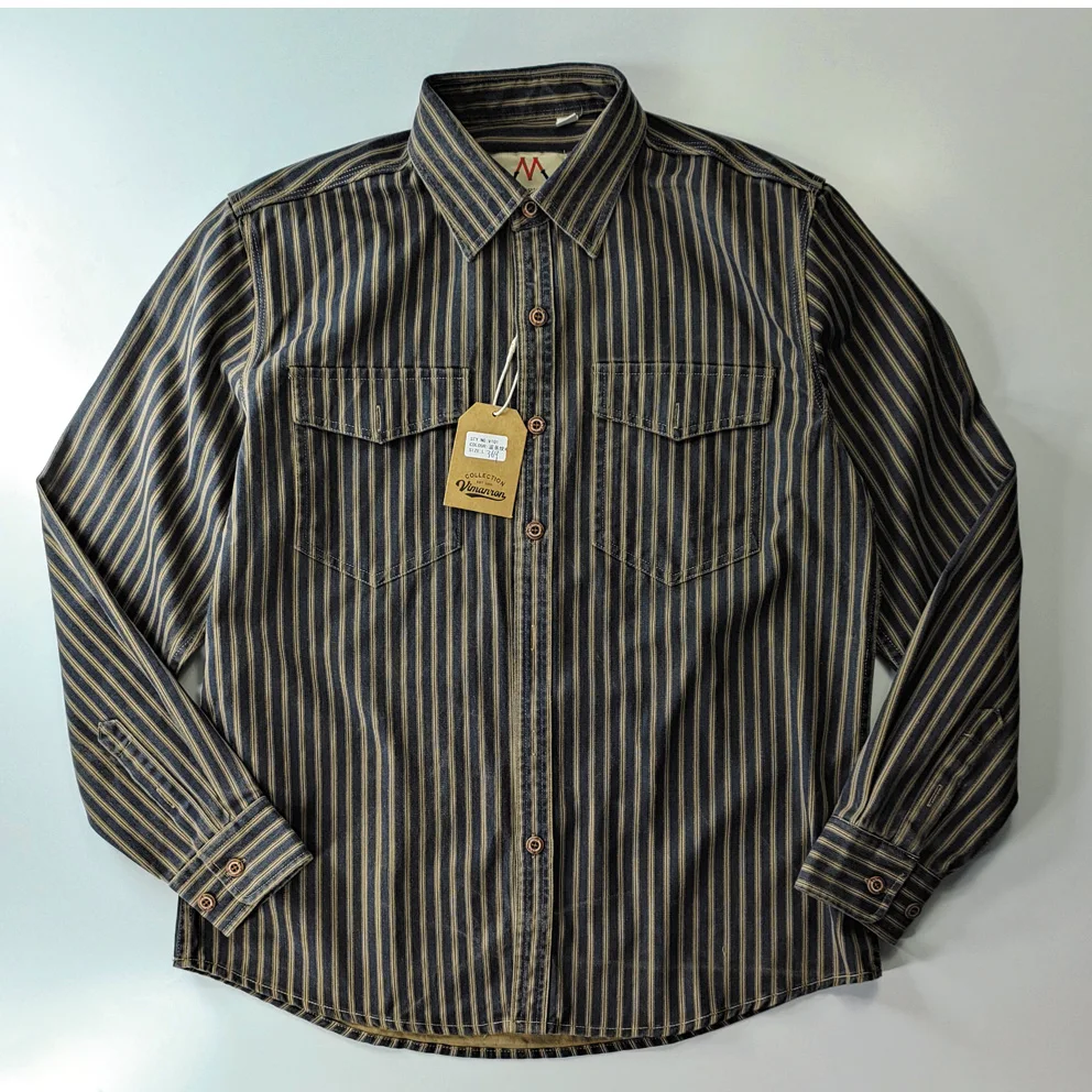 2025 Spring and Autumn New American Retro Woven Striped Cargo Shirt Men's Simple 100% Cotton Washed Double Pockets Thin Jacket