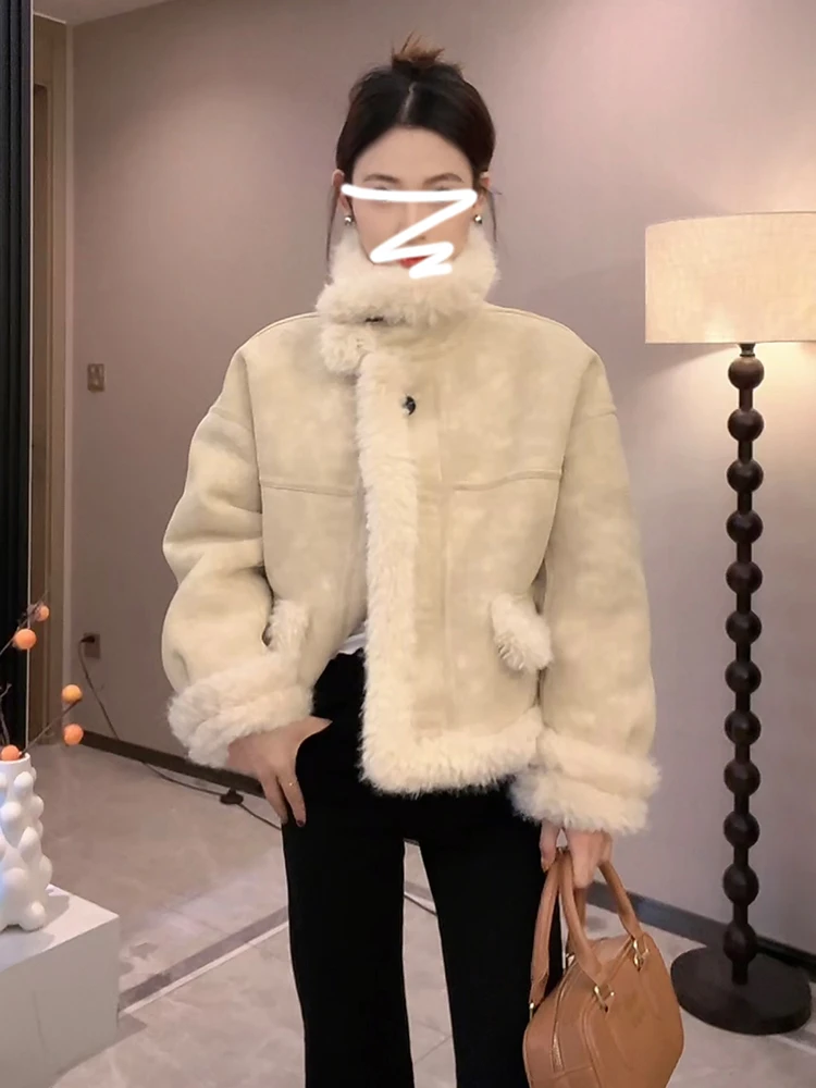 

Ladies' Thiened Lamb Fur Jaet Stand Collar Plu Outerwear Autumn Winter New Sle Sweet Sle High Quali ort Coat