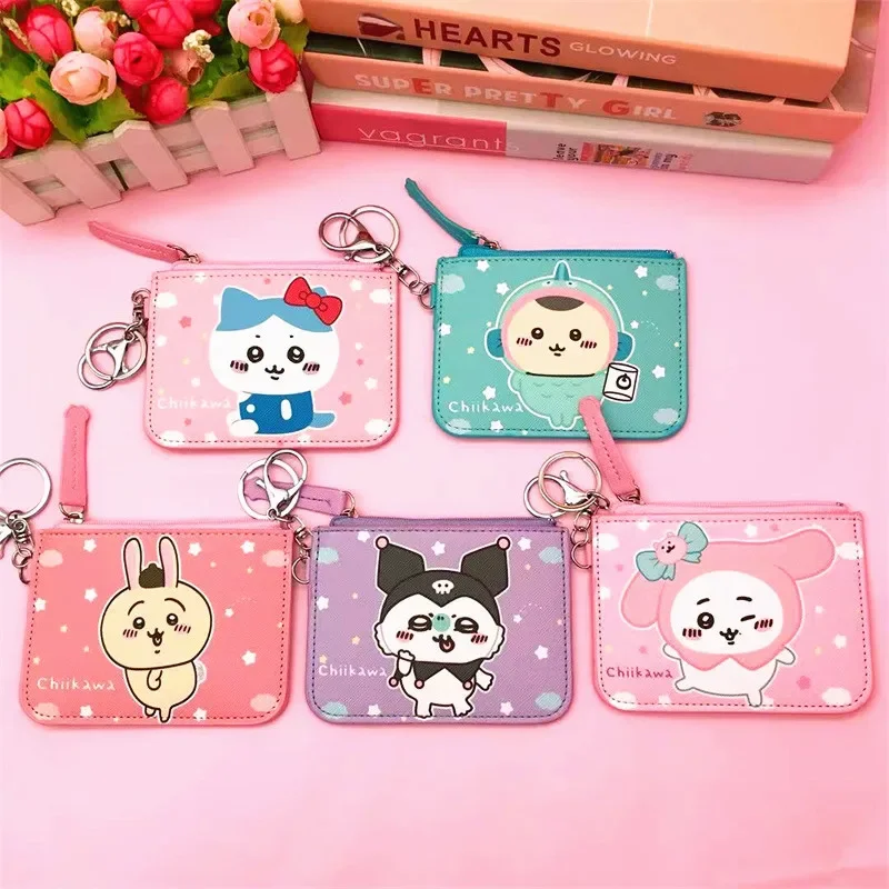 Kawaii Woman Coin Purse Schoolgirl ハチワレ ちいかわ Cartoon Printed Large Capacity Card Change Storage with Key Chain Zipper PU Purse