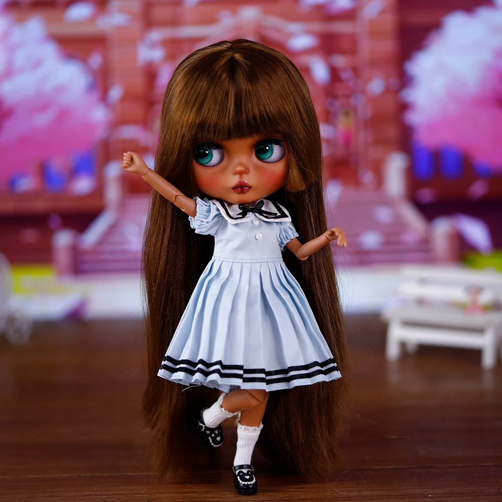 

ICY DBS Blyth Doll 1/6 BJD Tan Skin Brown Straight Hair Jellyfish Head Straight Hair Custom Hand Carved Eyebrow, Lips, and Face