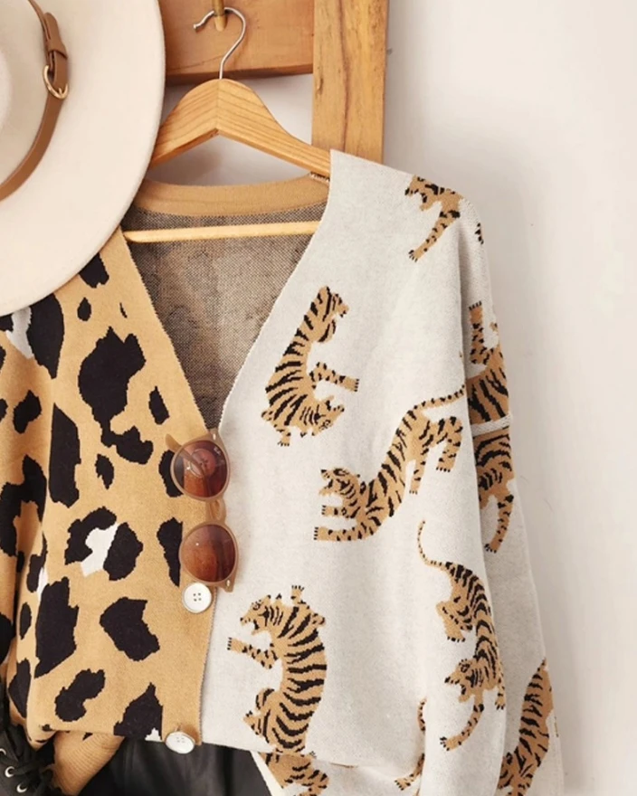 Retro Casual Cardigan Sweater Autumn V-Neck Loose Color Patchwork Leopard Print Tiger Print Button Women's Knitted Cardigan Top