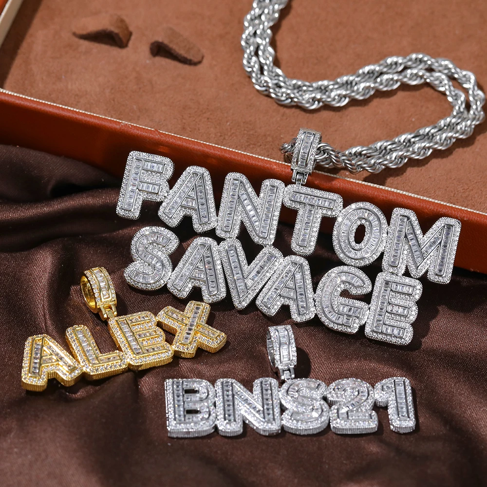 Hip Hop Iced Out Customized Name Necklace Personalized Paved Baguettecz Letter Pendant Women Men Luxury Gift Custom Jewelry