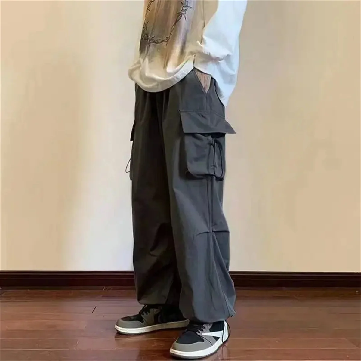 

Spring Summer Fashion Casual Pans For Men Streetwear Solid Color Cargo Pants Elastic Waist Wide Leg Men's Joggers Pants Boys