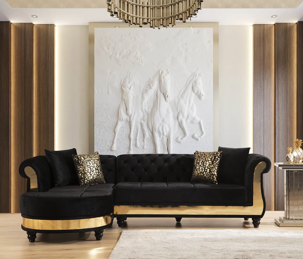 #Gold Detailed Tufted Velvet Convertible Sectional Set With L-Shape Design For Living Room In Black