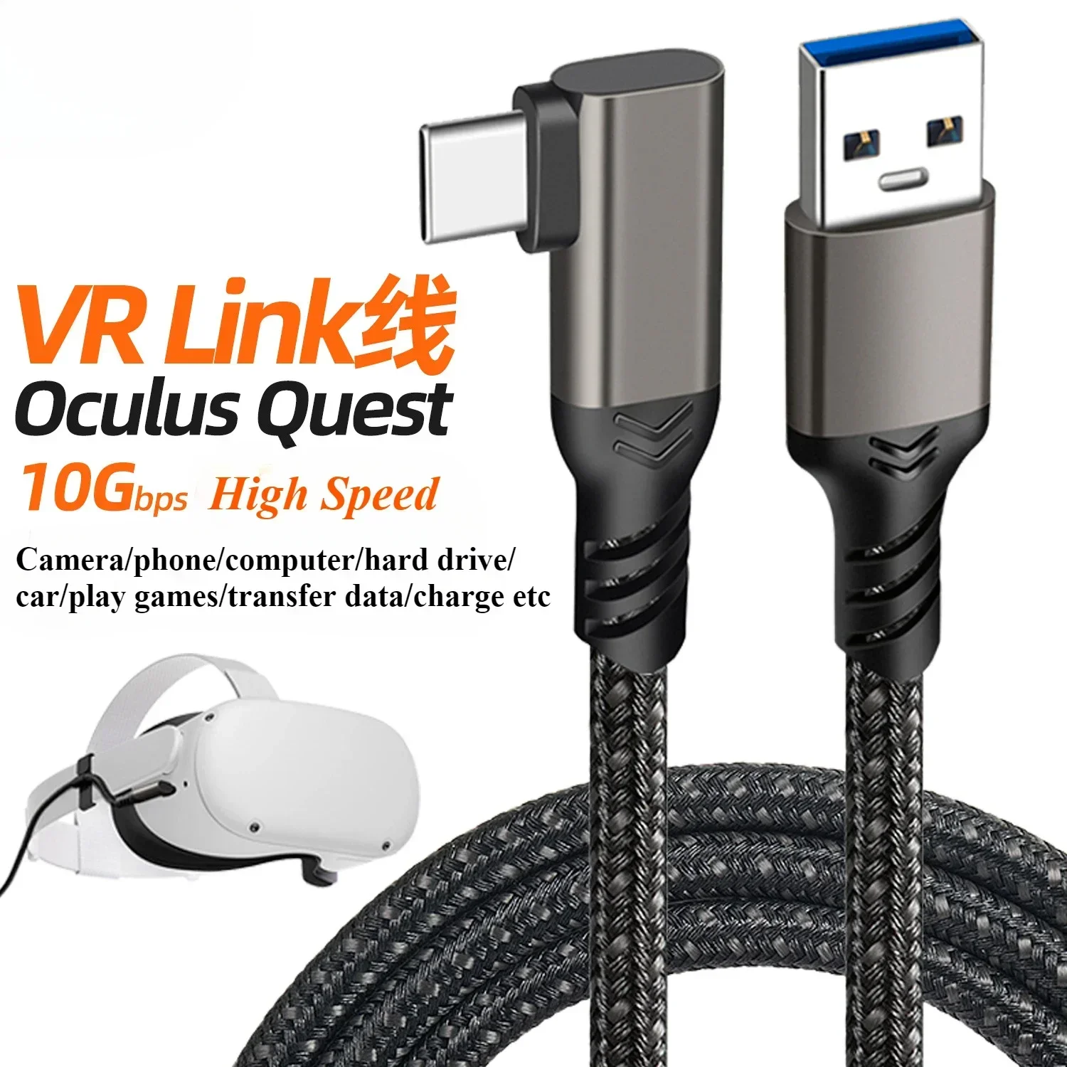 Type C VR Link Cable USB C Data Cable USB 3.2 Gen 2 10Gbps 3A 60W Fast Charging 90 Degree Elbow Gaming Cord for Oculus Quest 1 2