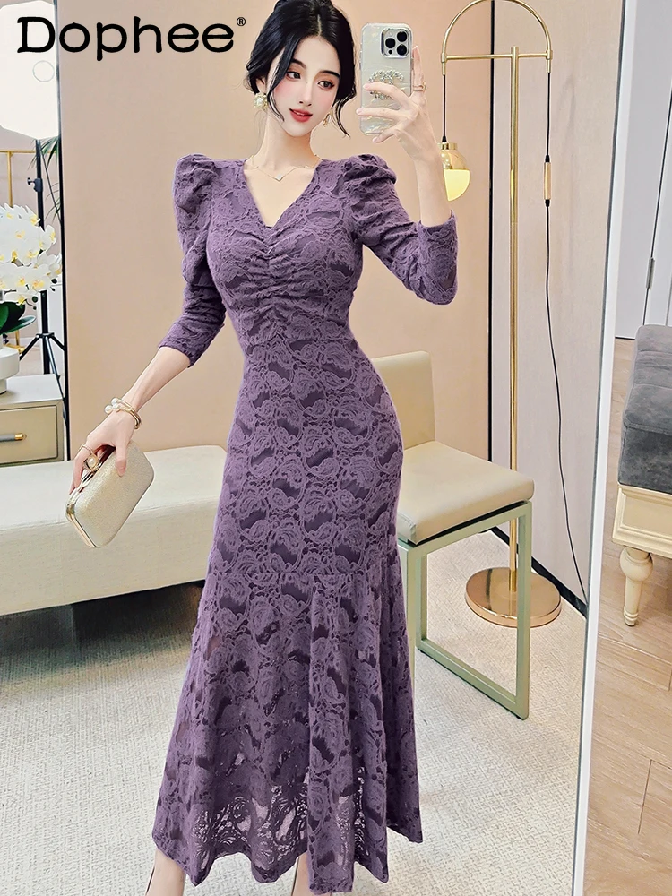 

Retro V-neck Bubble Long Sleeve Elegant Lace Dress Women 2023 Fall Winter New Office Lady Waist Slimming Sheath Fishtail Dresses