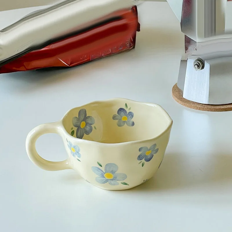 

Creative and cute office and home 2 ceramic coffee cups, 8.5oz/250ml latte milk aesthetic cup (2 blue flowers)
