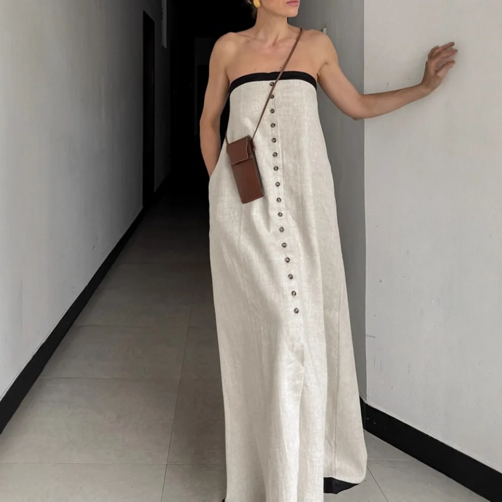 TWOTWINSTYLE Colorblock Minimalist Fashionable Dress for Women Strapless Sleeveless Loose Temperament Long Dresses Female Autumn