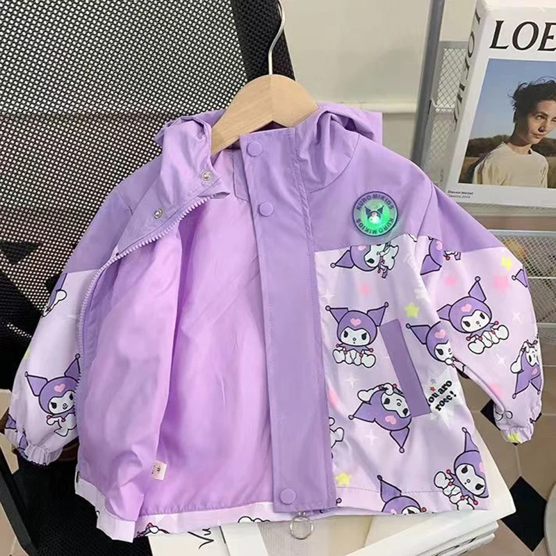 Nueva chaqueta Sanrioed para niñas, cortavientos, chaqueta con capucha y cremallera para otoño e invierno, Tops cálidos para niños, ropa para niños Kuromi de dibujos animados bonitos, regalo